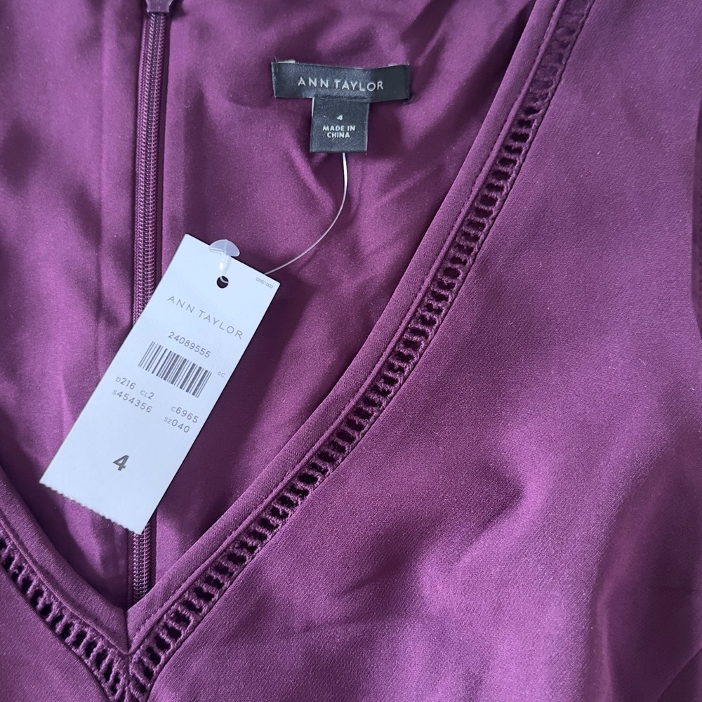 NWT Ann Taylor Deep Plum V-Neck dress with Trim